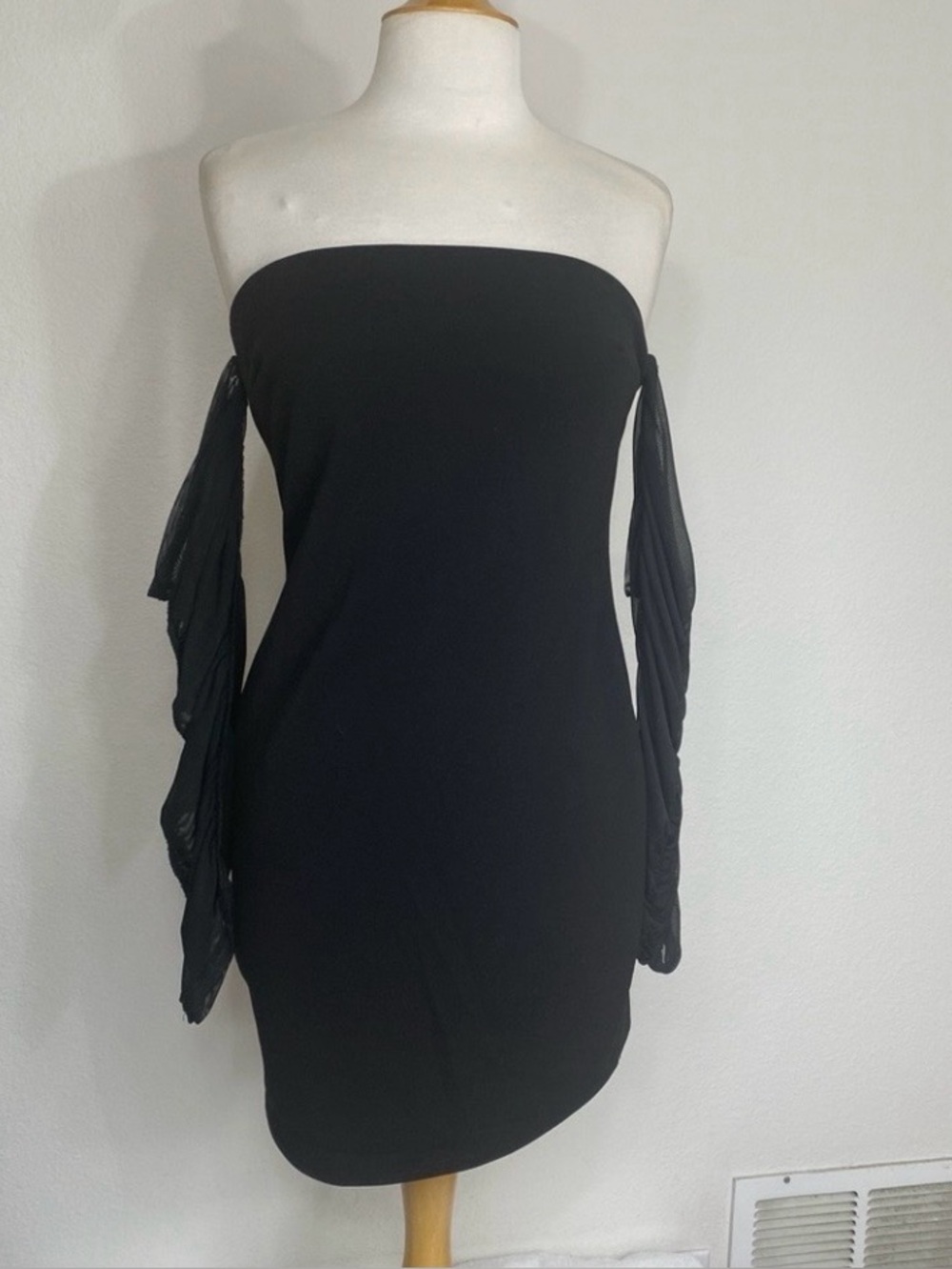 Sorella Women Black Strapless Mesh Long Sleeves Stretch Mini Dress Size XL Party
